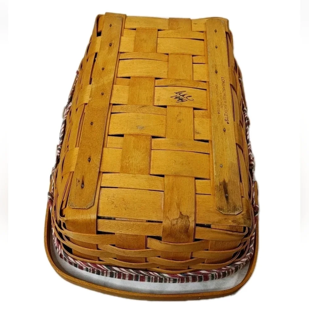 Vtg 90s Longaberger Med Gathering Basket Double Handle Nautical Striped Liner